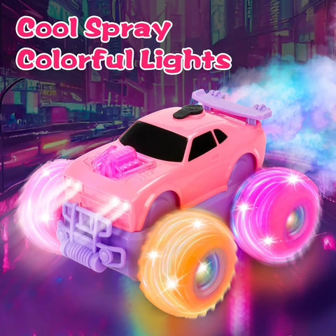 Princess Themed Remote Control Monster Truck for Girls with sticker kit, colorful wheel lights and spray action against city backdrop.