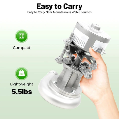 Hand holding portable 1000W Micro Hydro Generator, compact size, aluminum alloy, for streams, 5.5 lbs, 110-220V off-grid use.