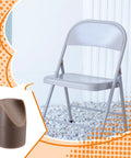 Twelve Pack Beige Folding Chair Leg Caps Seven Eighths Inch V Tip Stabilizer Feet Non Marring Floor Protectors For Metal And Padded Seats on a grey folding chair.