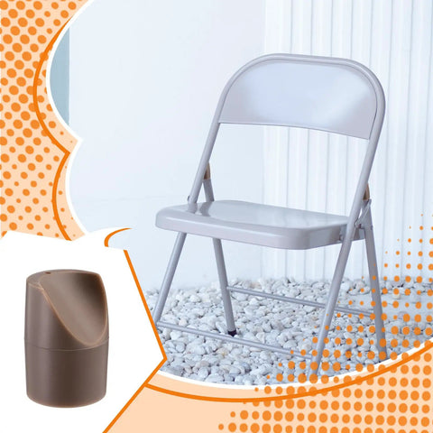 Twelve Pack Beige Folding Chair Leg Caps Seven Eighths Inch V Tip Stabilizer Feet Non Marring Floor Protectors For Metal And Padded Seats on a grey folding chair.