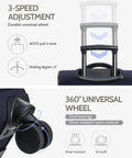 Close-up of Flight Ready Carry On Luggage handle and wheel durability features, showing 3-speed adjustment and 360-degree wheels.