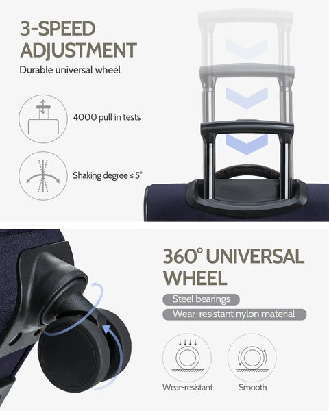 Close-up of Flight Ready Carry On Luggage handle and wheel durability features, showing 3-speed adjustment and 360-degree wheels.