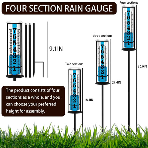 Upgraded Outdoor Rain Gauge With Thick Transparent Tube For Accurate Rain Readings showing adjustable four-section height
