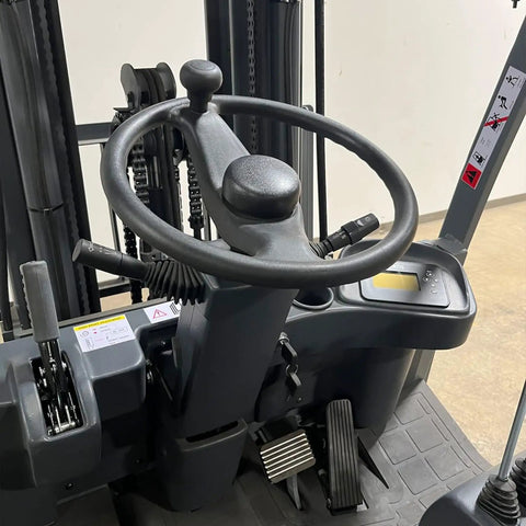 Heavy Duty Electric Pallet Stacker 197 Inch Lift Height 6600 Lb Capacity control panel and steering wheel view for industrial use.