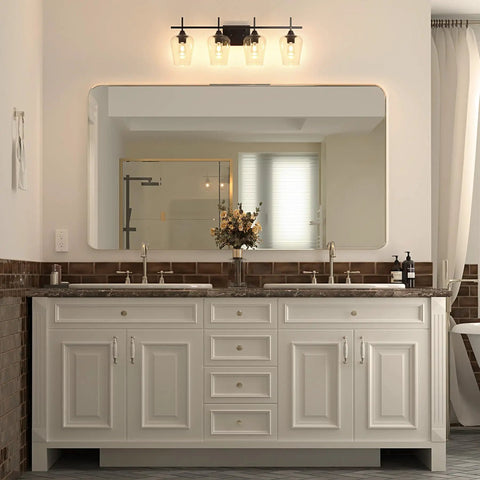 4 Light Vanity Light Fixture With Clear Glass Shades Black Finish Modern Industrial Style Over Mirror Wall Lamp Ideal For Bathroom Bedroom Hallway LED Compatible Dimmable And Energy Efficient