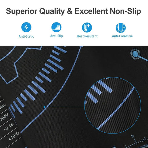Close-up of Pro Grade 48x24 Inch Anti Static Mat For Soldering And PC Build, ESD Safe Workbench Pad features and texture.
