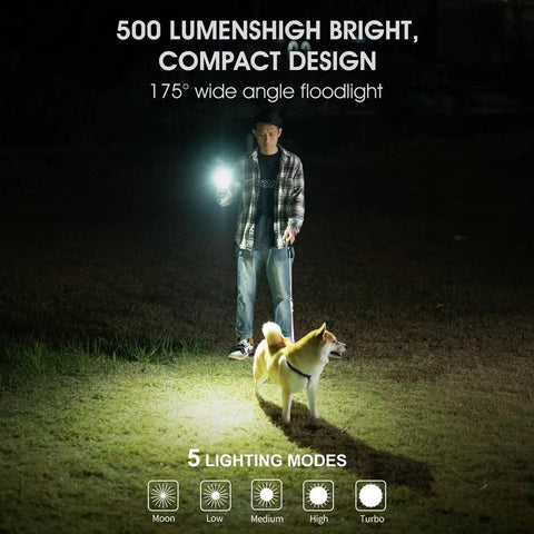 Person walking dog at night using G2 Mini LED Flashlight Keychain, 500 Lumens Rechargeable Pocket Light illuminating path