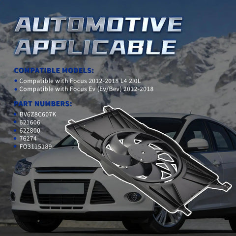 Straight Bolt On Electric Radiator Cooling Fan Replacement For Ford Focus 2012 2018 viewed with part numbers and car background.