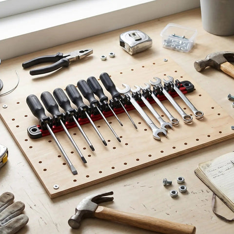 Magnetic Screwdriver Organizer And Tool Holder Wall Mount With Strip Aluminum Alloy Magnetic Tool Rack with tools on a workbench