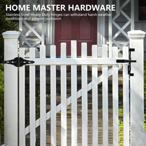 Wood Gate Hardware Set With Heavy Duty 8-Inch Decorative Strap Hinges And Spring Loaded Latch Kit on white fence
