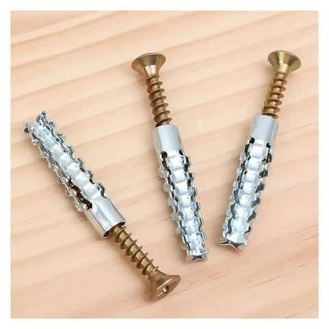 Close-up of 150 Piece Metal Expansion Tube Self Tapping Screws Set For Concrete Wall Anchors Drilling Plated Galvanized Anti Corrosion