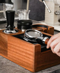 Heavy Duty Solid Walnut Espresso Tamper Station With Integrated Knock Box And Filter Cup Non Slip Base, 51-58 mm portafilter setup.