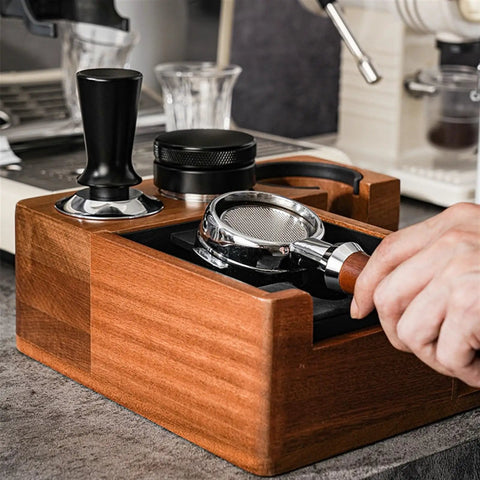 Heavy Duty Solid Walnut Espresso Tamper Station With Integrated Knock Box And Filter Cup Non Slip Base, 51-58 mm portafilter setup.