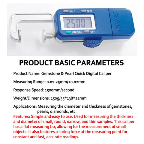 Digital Gauge Mrg-25 Electronic Pearl Calipers for Diamond Gemstone Jewelry 0-25mm Range 0.01mm Precision 1500mm/s displayed measuring 25mm.