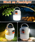 Rechargeable Solar Camping Lantern With 7 Modes And USB Charging Waterproof Emergency Light hanging from tree at night