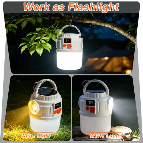 Rechargeable Solar Camping Lantern With 7 Modes And USB Charging Waterproof Emergency Light hanging from tree at night