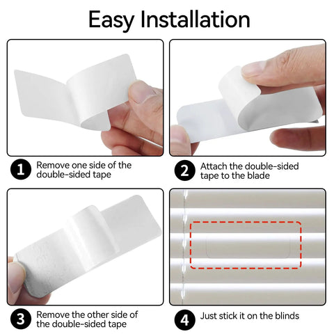Easy installation of Top Notch 20 Pack White Mini Horizontal Blind Repair Tabs on vinyl slats.