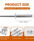 110-Piece Aluminum Blind Rivets 3 Sixteenth Inch By 1 Inch With Steel Mandrel And Aluminum Grip Built Tough For Auto, Marine And DIY Projects, Corrosion And Acid Resistant Pop Rivets That Go In Smooth And Stay Strong, with detailed size and features