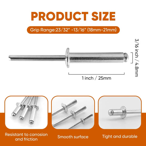 110-Piece Aluminum Blind Rivets 3 Sixteenth Inch By 1 Inch With Steel Mandrel And Aluminum Grip Built Tough For Auto, Marine And DIY Projects, Corrosion And Acid Resistant Pop Rivets That Go In Smooth And Stay Strong, with detailed size and features