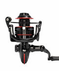 Front view of VC20BB Finesse 2000 Sized Spinning Reel with Dope Carbon Fiber Frame for Lightweight Strength and Cold Forged Aluminum Spool.