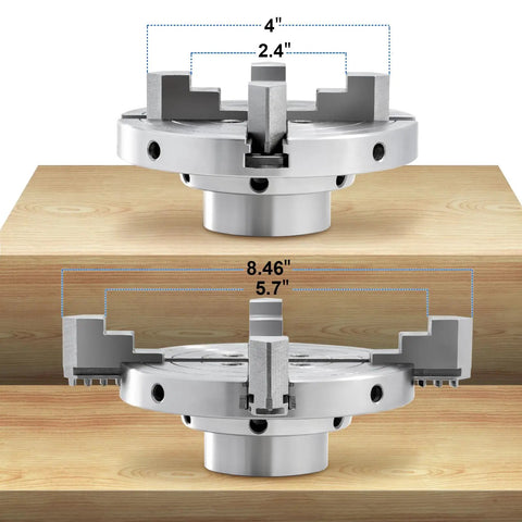 Six Inch Four Jaw Self Centering Wood Lathe Chuck Kit With 1 By 8 TPI Thread For Woodworking Projects Showing Jaw Measurements