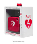 Legit AED Defibrillator Wall Mount Cabinet With Heavy Duty Steel Body And Snappy Alarm Lock For Darn Quick Public Or Home Emergency Grab In Sharp White Enclosure, showing red defibrillator inside.