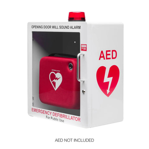 Legit AED Defibrillator Wall Mount Cabinet With Heavy Duty Steel Body And Snappy Alarm Lock For Darn Quick Public Or Home Emergency Grab In Sharp White Enclosure, showing red defibrillator inside.