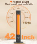42 Inch Infrared Outdoor Patio Heater with 9 heating levels, displaying power meter and safety features, black design.