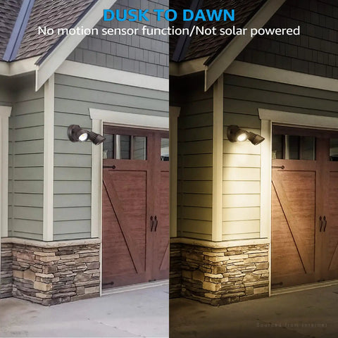 Adjustable Dual Head Dusk To Dawn Outdoor Security Light With Photocell illuminating garage in wet location