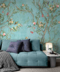 Chinoiserie Floral Wallpaper With Birds In Turquoise Backdrop, Removable Peel And Stick Paper, Self Adhesive, Easy Install For Living Rooms
