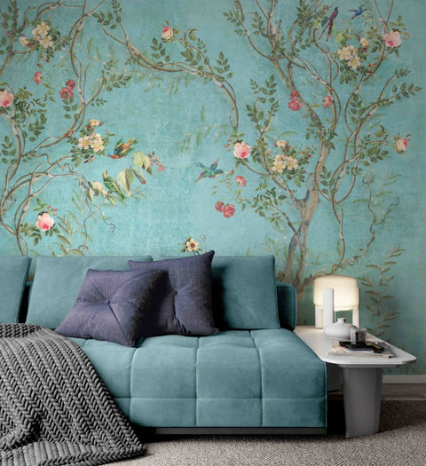 Chinoiserie Floral Wallpaper With Birds In Turquoise Backdrop, Removable Peel And Stick Paper, Self Adhesive, Easy Install For Living Rooms
