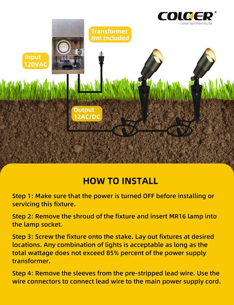 Brass Landscape Spotlights 6 Pack For Outdoor Uplights With 5W MR16 LED 2700K Warm Glow 450 Lumens 12V AC DC installation guide.