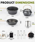 All In One Camping Cookware Gear With 3500W Portable Stove, 1.70L Pot, 1.15L Kettle, 7.5 Inch Frying Pan, 500ml Stainless Cup, 2 Sets Of Dinner Cutlery, And Storage Bags For Hiking, Outdoor Cooking And Picnics, showing product dimensions