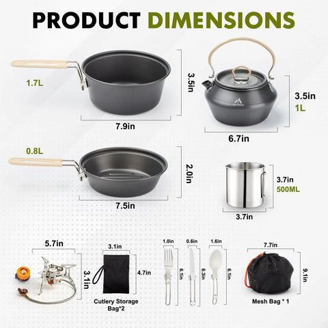 All In One Camping Cookware Gear With 3500W Portable Stove, 1.70L Pot, 1.15L Kettle, 7.5 Inch Frying Pan, 500ml Stainless Cup, 2 Sets Of Dinner Cutlery, And Storage Bags For Hiking, Outdoor Cooking And Picnics, showing product dimensions