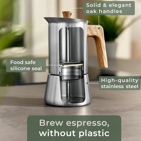 Stainless Steel Moka Pot 10oz With Oak Wood Handle Toxic Free No Junk Plastic No Aluminum Brew For Stovetop Espresso Maker Induction Ready Italian Style Coffee Maker