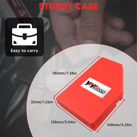 Red sturdy case for Industrial Grade 30 Piece Hex Key Allen Wrench Set, easy to carry dimensions, highlighted on manual.