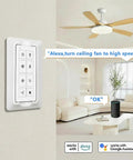 Smart WiFi Ceiling Fan Remote Kit With Light Dimmer And 3 Speed Settings, compatible with Alexa and Google Assistant in living room.