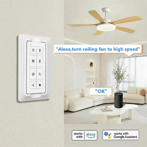 Smart WiFi Ceiling Fan Remote Kit With Light Dimmer And 3 Speed Settings, compatible with Alexa and Google Assistant in living room.