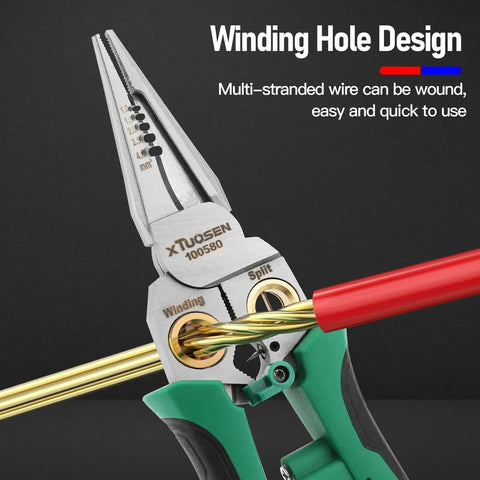 Do It All Electrician Wire Stripper With Built In Power Meter showcasing winding hole design for multi-stranded wire use.