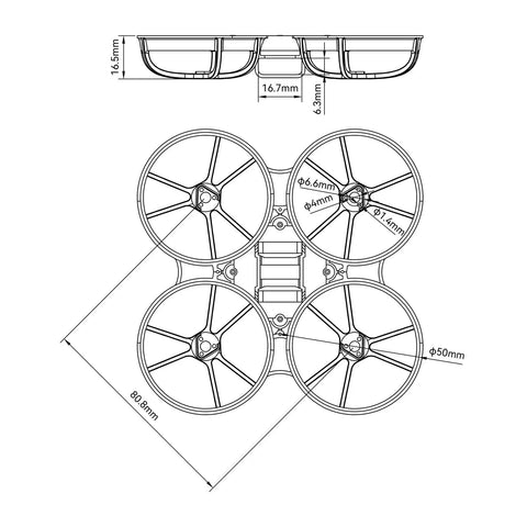 Technical drawing of Meteor75 Pro Brushless Whoop Frame with triangle bilateral stretch design and large 1S LiPo slot for 45mm propellers.