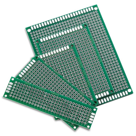 Five double-sided PCB boards from 32 Piece Double Sided PCB Board Prototype Kit For DIY Soldering With Five Size Options Compatible With Arduino Projects