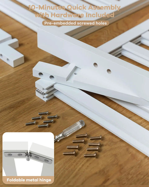 White Bamboo Shoe Rack Organizer For Closet And Entryway assembly hardware and frame pieces on wooden surface