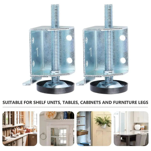Adjustable Cabinet Feet Pads For Tables Sofas And Wardrobes Steel Leveling Feet For Furniture Legs, showing two metal feet