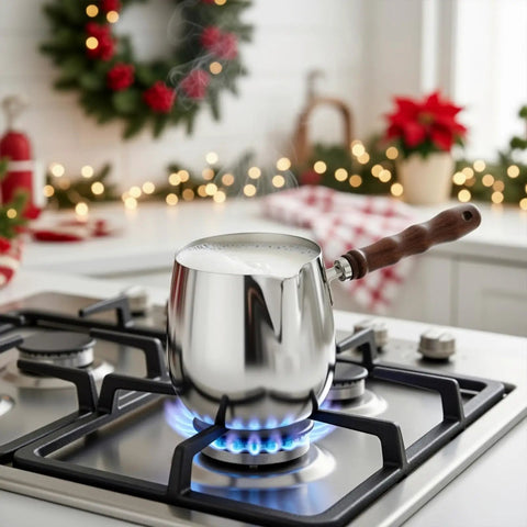 Two Size Turkish Coffee Pot And Milk Warmer Set in 13.5 oz on stovetop, 18/8 stainless steel with wooden handle heating milk.