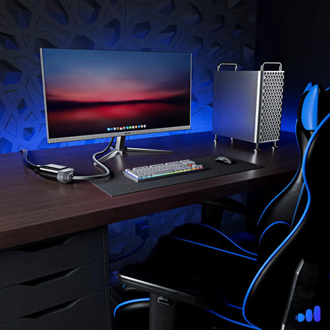 Heavy Duty 15 Feet Flat Plug Extension Cord 14 AWG 3 Prong UL Certified in home office setup with modern desktop and gaming chair