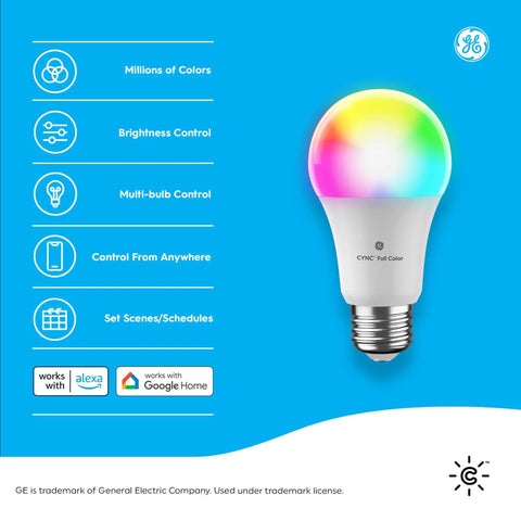 Smart A21 LED Light Bulbs With Color Changing Ambience Mood Vibe Bluetooth And WiFi Control 100W Equivalent Works With Alexa And Google Home 2 Pack App Controlled With Cync App For Custom Scenes And Schedules, displaying features like multi-bulb control and brightness settings.