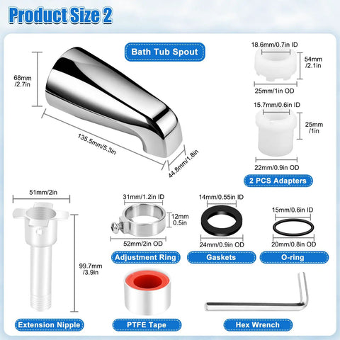 Three Piece Shower Knob Replacement Set With Bathtub Spout And Four In One Tub Adapter Kit showing components and measurements.