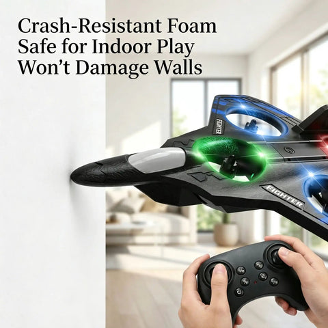 Foam RC Airplane With Lights flying indoor, showing remote control, demonstrating crash-resistant foam and 360 flip stunt capability.