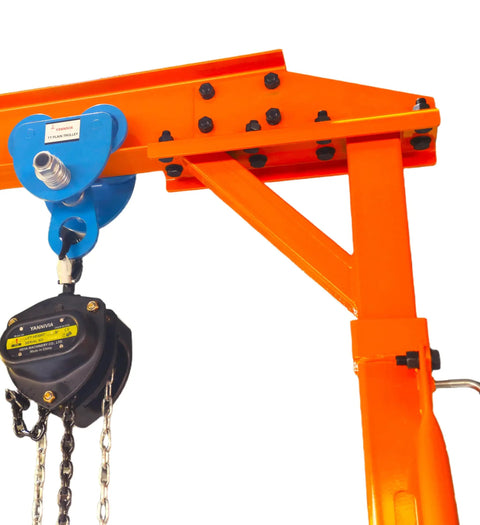 Close-up of the Adjustable Gantry Crane With Trolley And Hoist Heavy Duty 2000 Lbs Capacity Height Range 7.65 To 10.91 Ft 8.5 Ft Wide