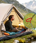 Heavy Duty Ice Anchor Tool Kit For Ice Fishing with tent staked by a stainless steel nail and red handle on grassy lakeside